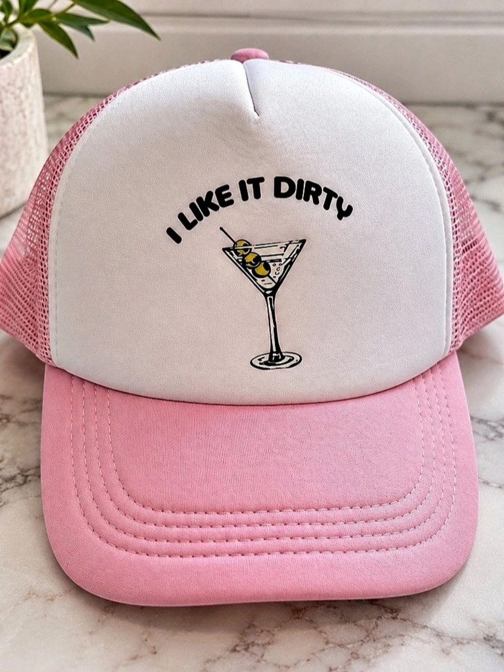 I Like It Dirty Martini Trucker Hat Pink & White